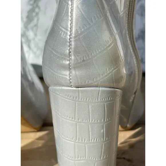 Silver Croc-Embossed Knee-High Boots With Block Heel & Side Zipper Closure size - Picture 7 of 10